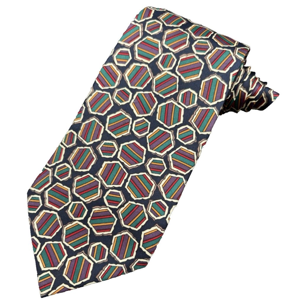 Stafford Men's Tie 100% Silk Black Green Purple Geometric Octagon Casual 59"